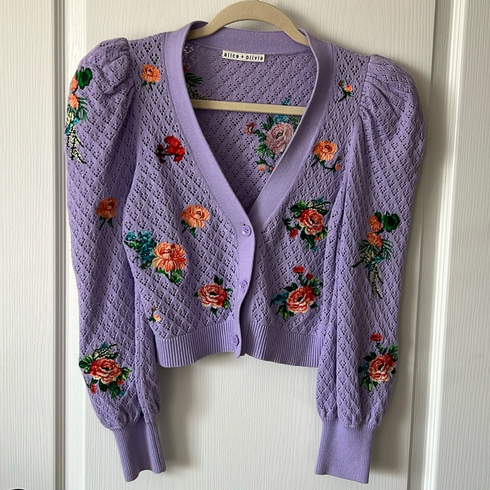 alice + olivia Morita Floral Puff Sleeve Cardigan